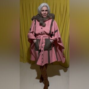 Upcycled Wool Cape Coat with Rabbit Fur Hood One Size Handmade Statement Piece